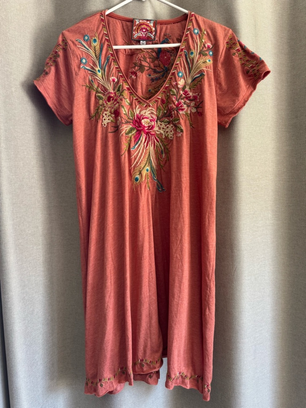 Johnny Was Embroidered Terracotta V-Neck Dress with Floral & Peacock Motif sz M